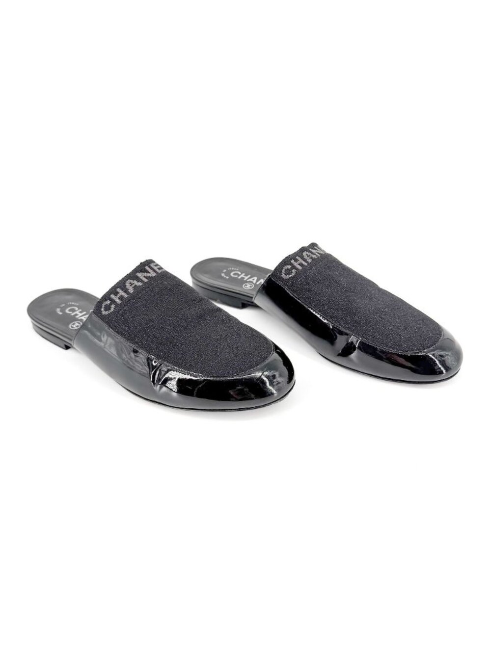 Chanel Logo Glitter Lurex Black Patent Leather Mule Flats Size 39 C US 8-8.5